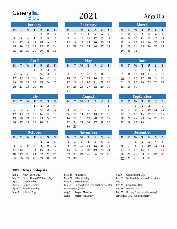 Printable Calendar 2021 with Anguilla Holidays (Monday Start)