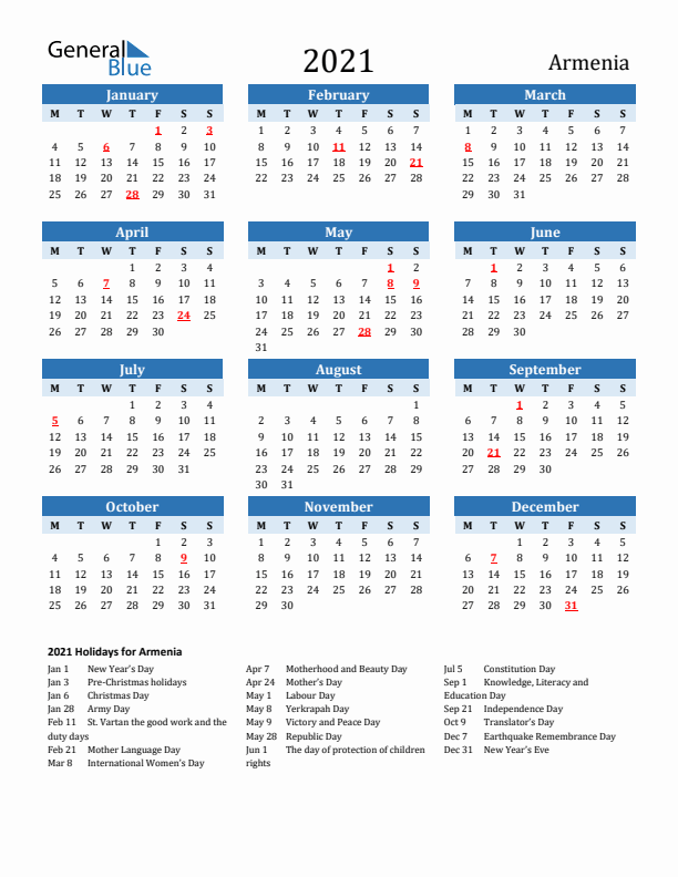 Printable Calendar 2021 with Armenia Holidays (Monday Start)