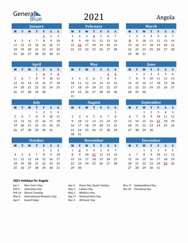 Printable Calendar 2021 with Angola Holidays (Monday Start)