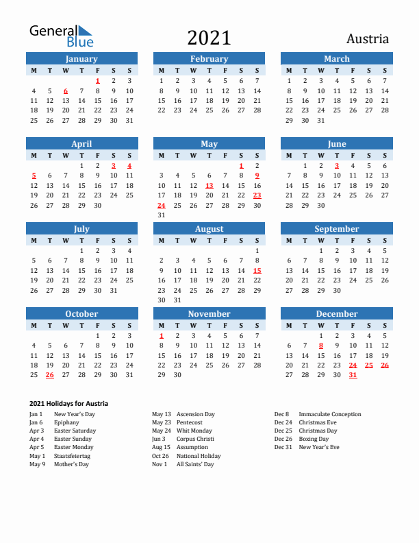 Printable Calendar 2021 with Austria Holidays (Monday Start)