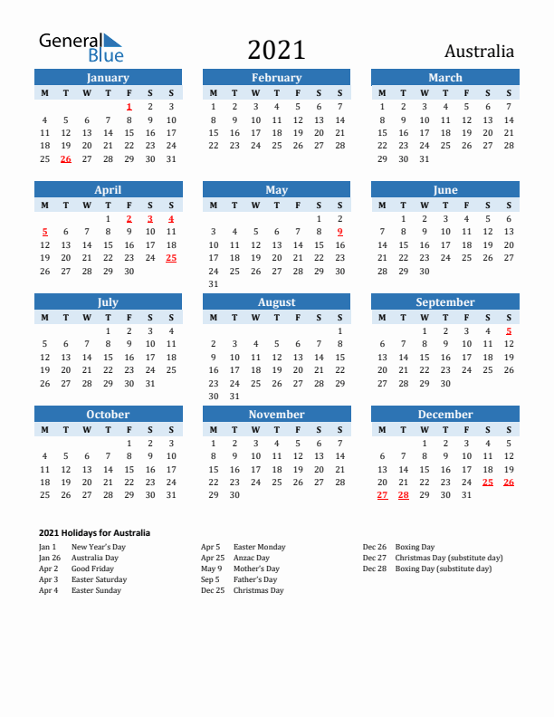 Printable Calendar 2021 with Australia Holidays (Monday Start)