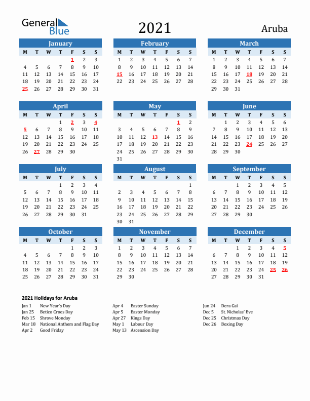 Printable Calendar 2021 with Aruba Holidays (Monday Start)