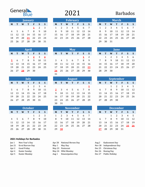Printable Calendar 2021 with Barbados Holidays (Monday Start)