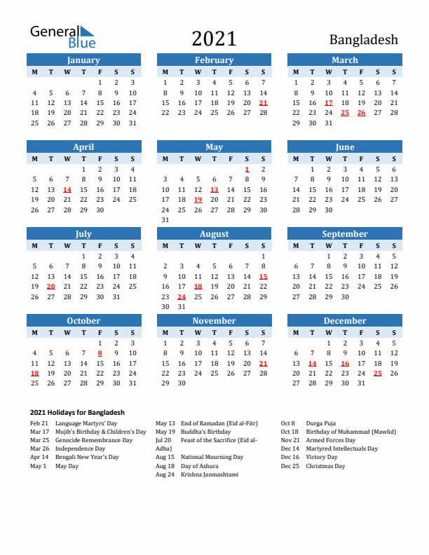 Printable Calendar 2021 with Bangladesh Holidays (Monday Start)