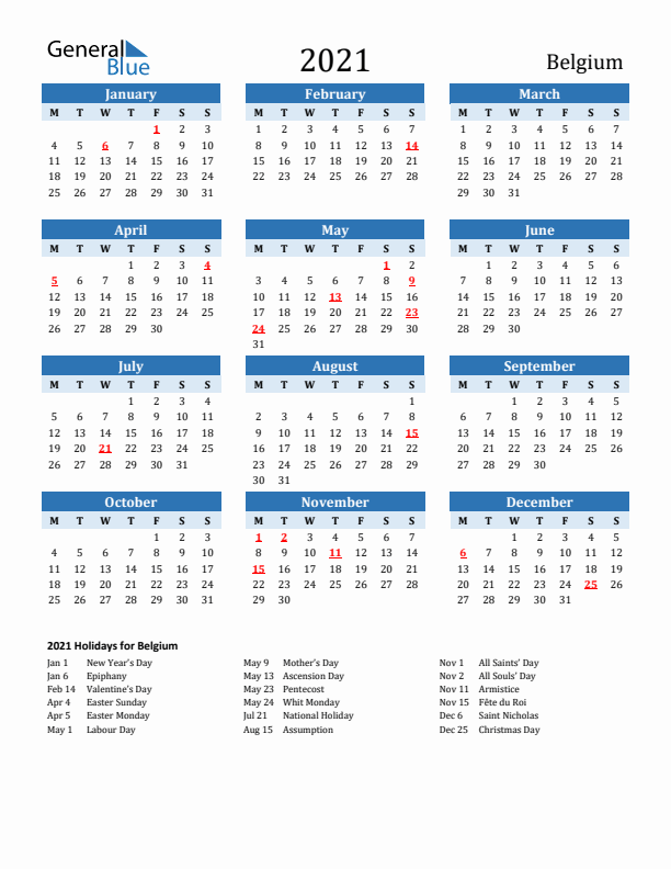 Printable Calendar 2021 with Belgium Holidays (Monday Start)