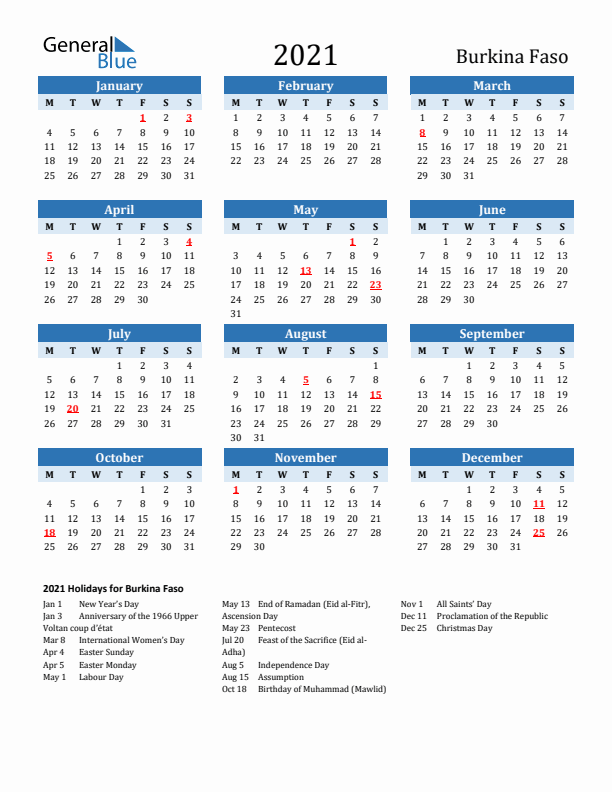 Printable Calendar 2021 with Burkina Faso Holidays (Monday Start)