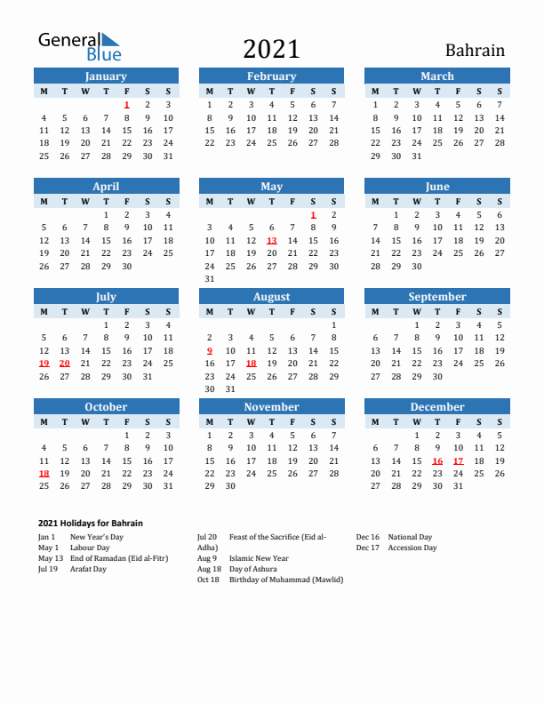 Printable Calendar 2021 with Bahrain Holidays (Monday Start)