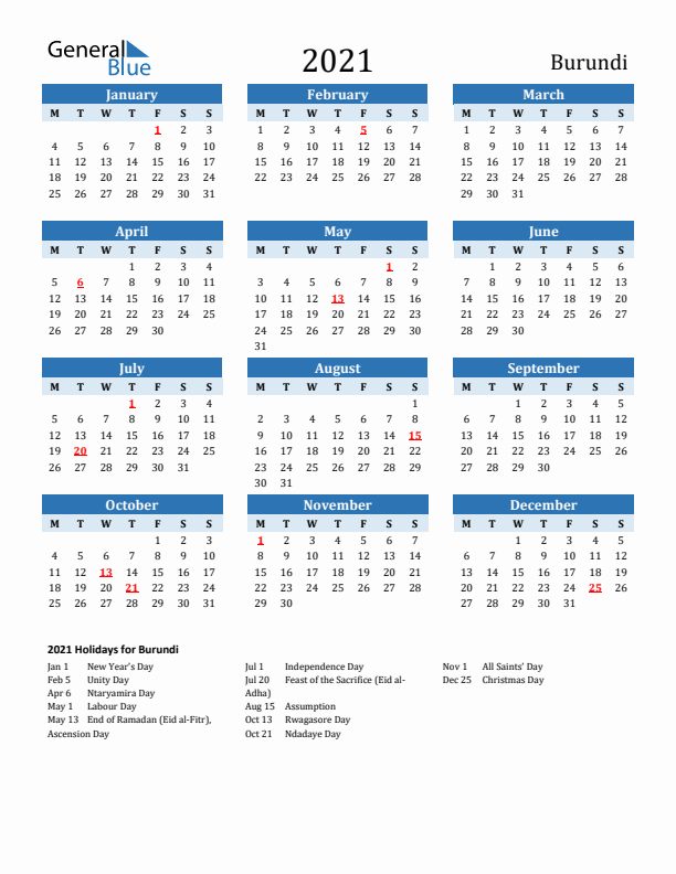 Printable Calendar 2021 with Burundi Holidays (Monday Start)