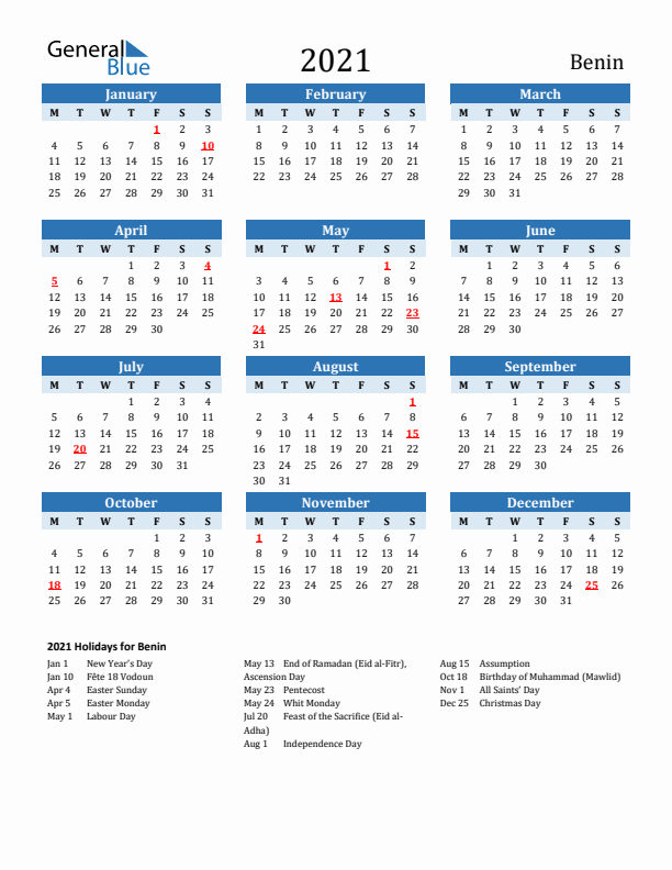 Printable Calendar 2021 with Benin Holidays (Monday Start)