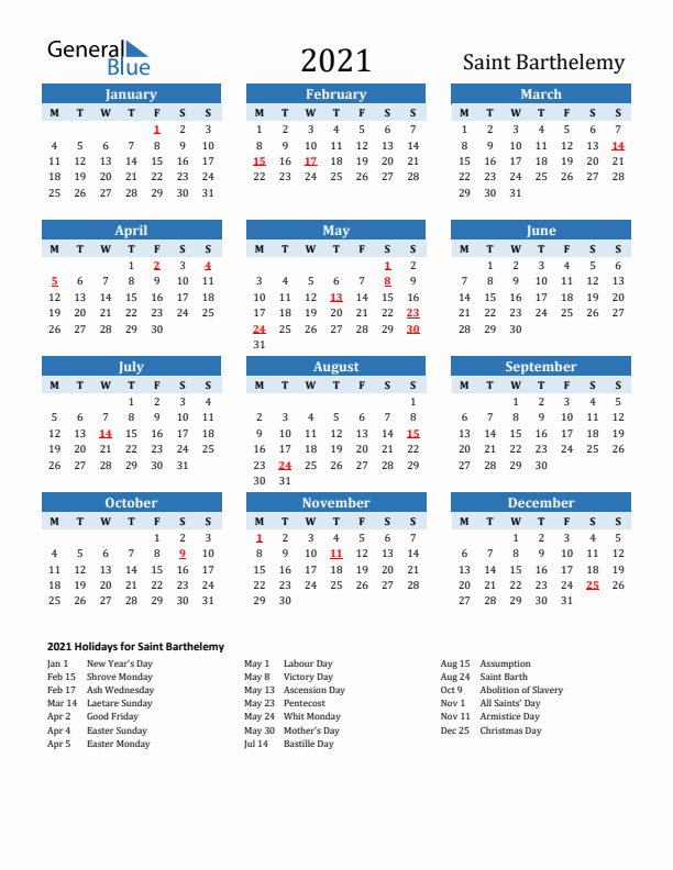 Printable Calendar 2021 with Saint Barthelemy Holidays (Monday Start)
