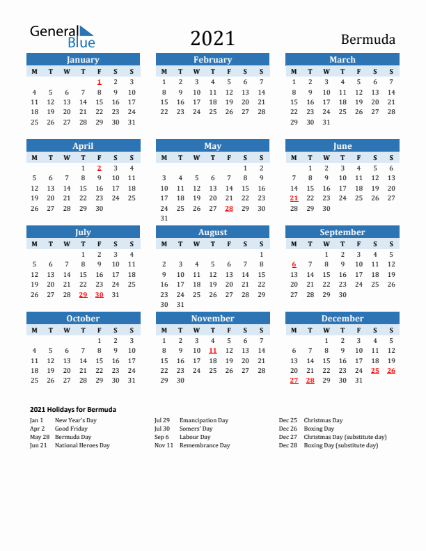 Printable Calendar 2021 with Bermuda Holidays (Monday Start)