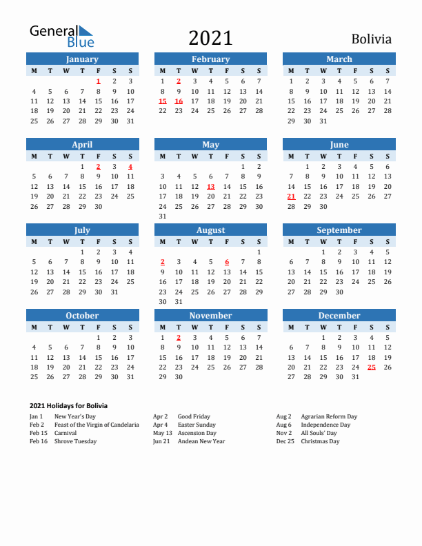 Printable Calendar 2021 with Bolivia Holidays (Monday Start)
