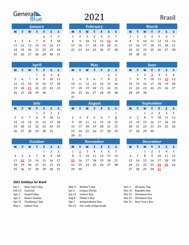 Printable Calendar 2021 with Brazil Holidays (Monday Start)