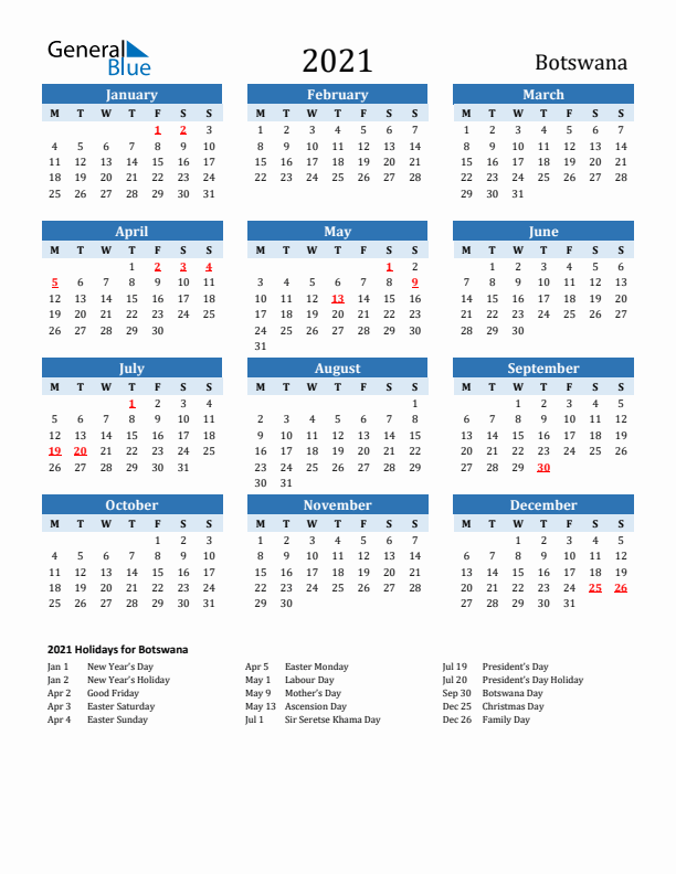 Printable Calendar 2021 with Botswana Holidays (Monday Start)