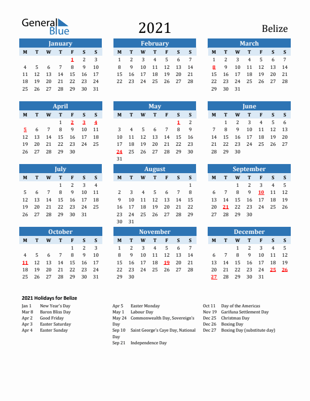 Printable Calendar 2021 with Belize Holidays (Monday Start)