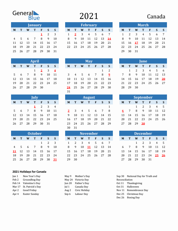 Printable Calendar 2021 with Canada Holidays (Monday Start)