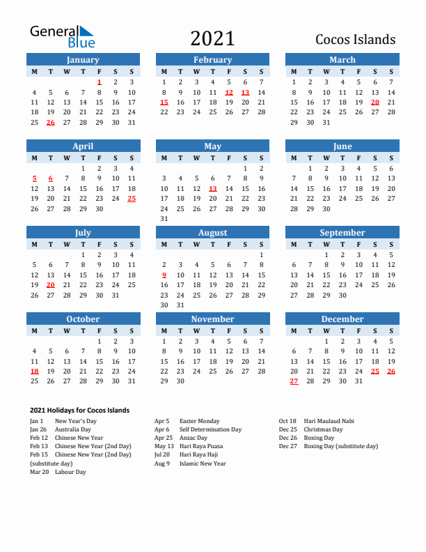 Printable Calendar 2021 with Cocos Islands Holidays (Monday Start)