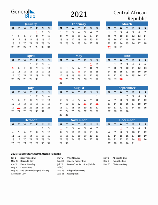 Printable Calendar 2021 with Central African Republic Holidays (Monday Start)