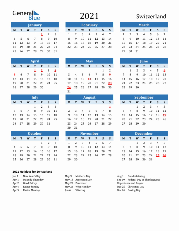 Printable Calendar 2021 with Switzerland Holidays (Monday Start)