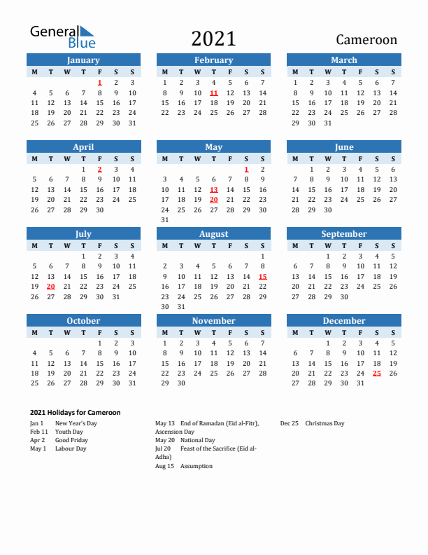 Printable Calendar 2021 with Cameroon Holidays (Monday Start)