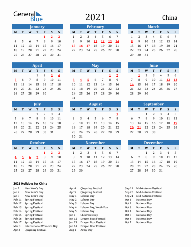 Printable Calendar 2021 with China Holidays (Monday Start)