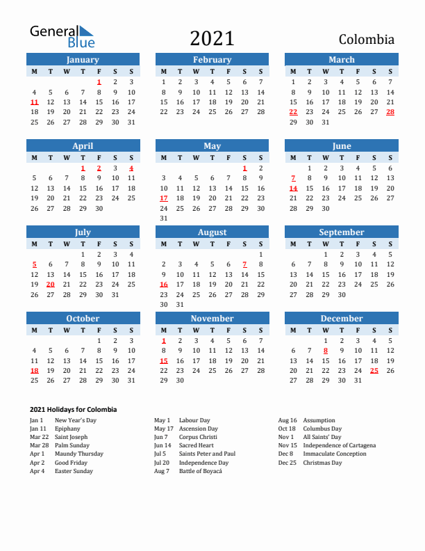 Printable Calendar 2021 with Colombia Holidays (Monday Start)