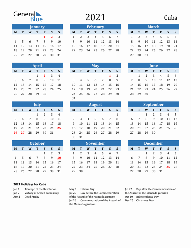 Printable Calendar 2021 with Cuba Holidays (Monday Start)