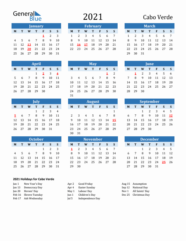 Printable Calendar 2021 with Cabo Verde Holidays (Monday Start)