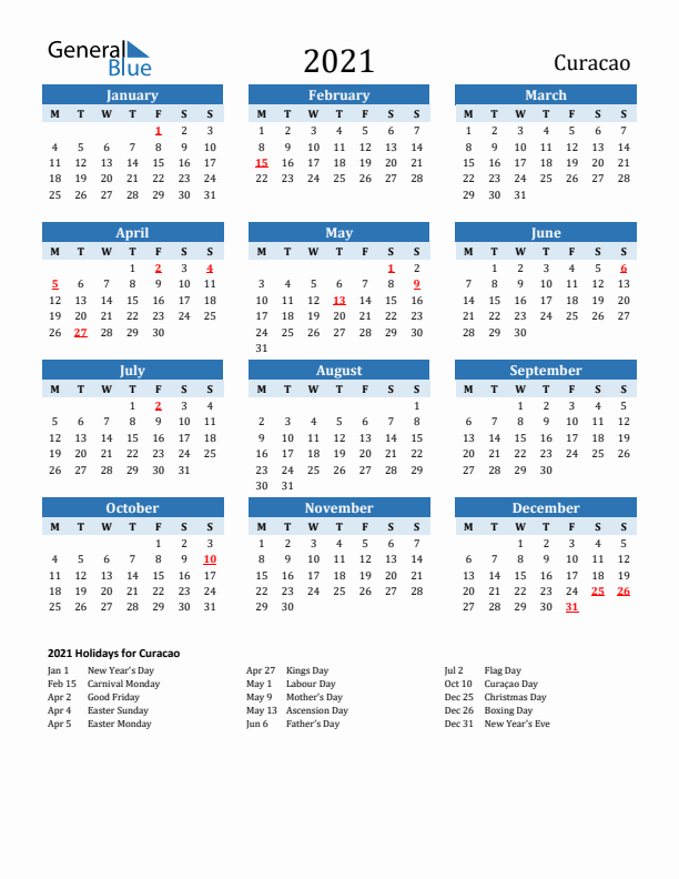 Printable Calendar 2021 with Curacao Holidays (Monday Start)