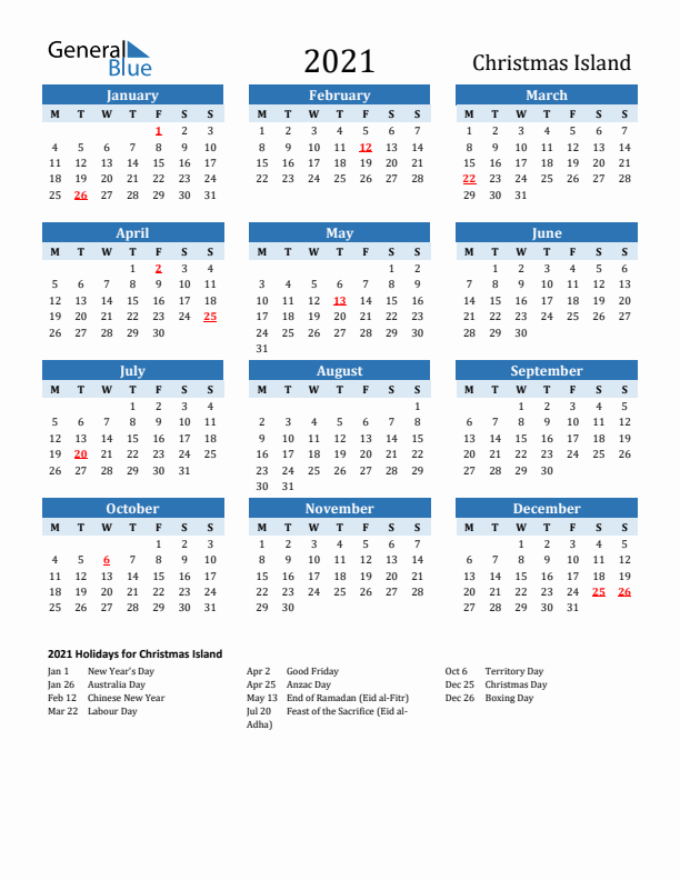 Printable Calendar 2021 with Christmas Island Holidays (Monday Start)