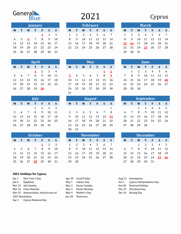 Printable Calendar 2021 with Cyprus Holidays (Monday Start)