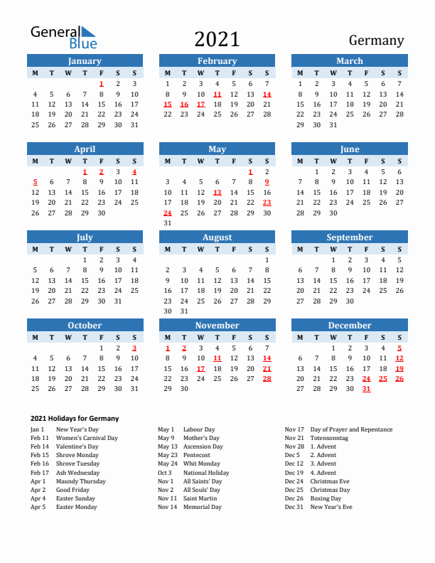 Printable Calendar 2021 with Germany Holidays (Monday Start)