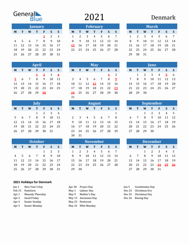 Printable Calendar 2021 with Denmark Holidays (Monday Start)
