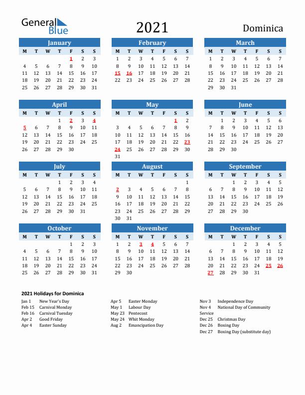 Printable Calendar 2021 with Dominica Holidays (Monday Start)