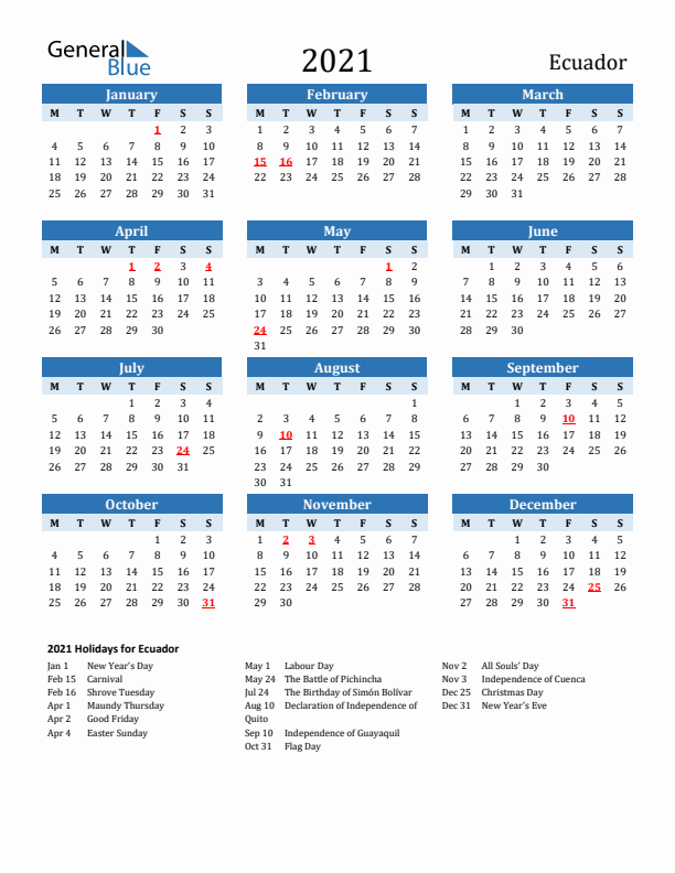 Printable Calendar 2021 with Ecuador Holidays (Monday Start)