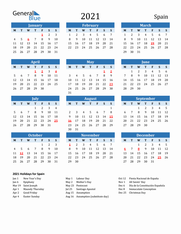 Printable Calendar 2021 with Spain Holidays (Monday Start)