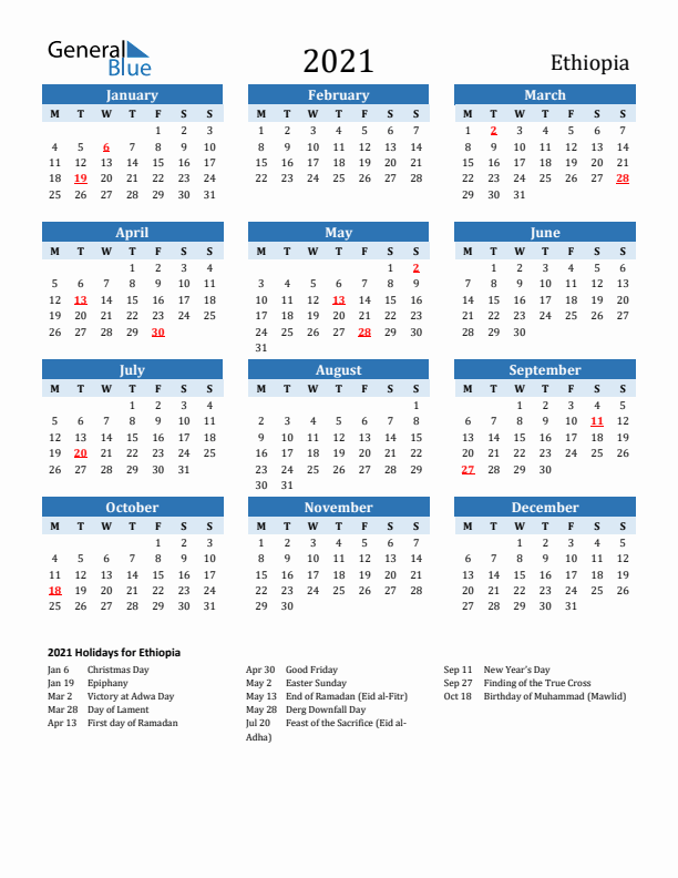 Printable Calendar 2021 with Ethiopia Holidays (Monday Start)