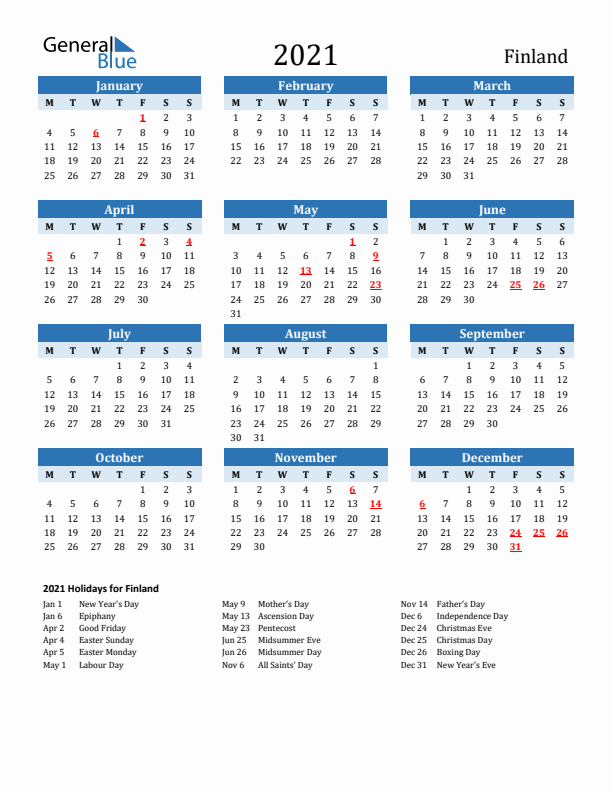 Printable Calendar 2021 with Finland Holidays (Monday Start)