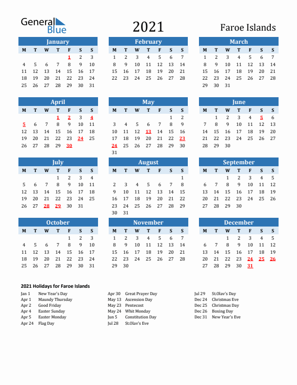 Printable Calendar 2021 with Faroe Islands Holidays (Monday Start)