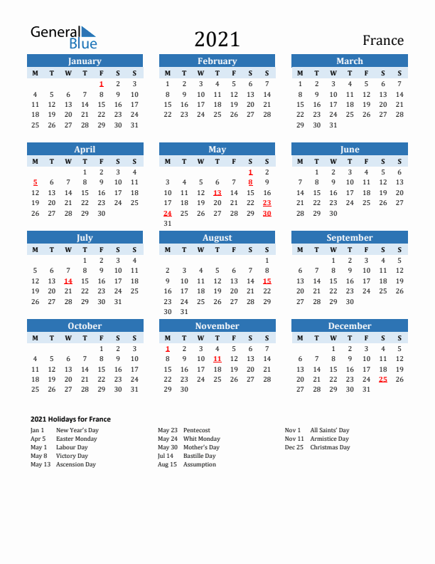 Printable Calendar 2021 with France Holidays (Monday Start)