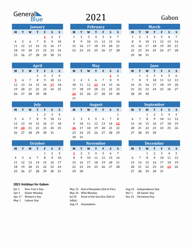 Printable Calendar 2021 with Gabon Holidays (Monday Start)