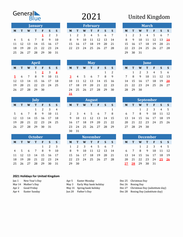 Printable Calendar 2021 with United Kingdom Holidays (Monday Start)
