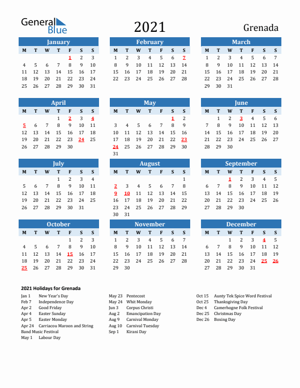 Printable Calendar 2021 with Grenada Holidays (Monday Start)