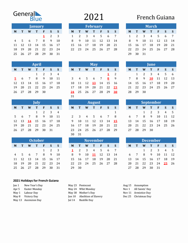 Printable Calendar 2021 with French Guiana Holidays (Monday Start)