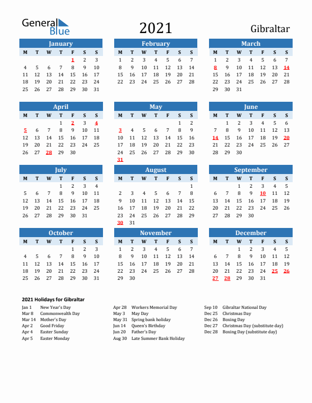 Printable Calendar 2021 with Gibraltar Holidays (Monday Start)