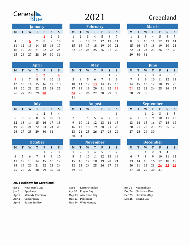 Printable Calendar 2021 with Greenland Holidays (Monday Start)