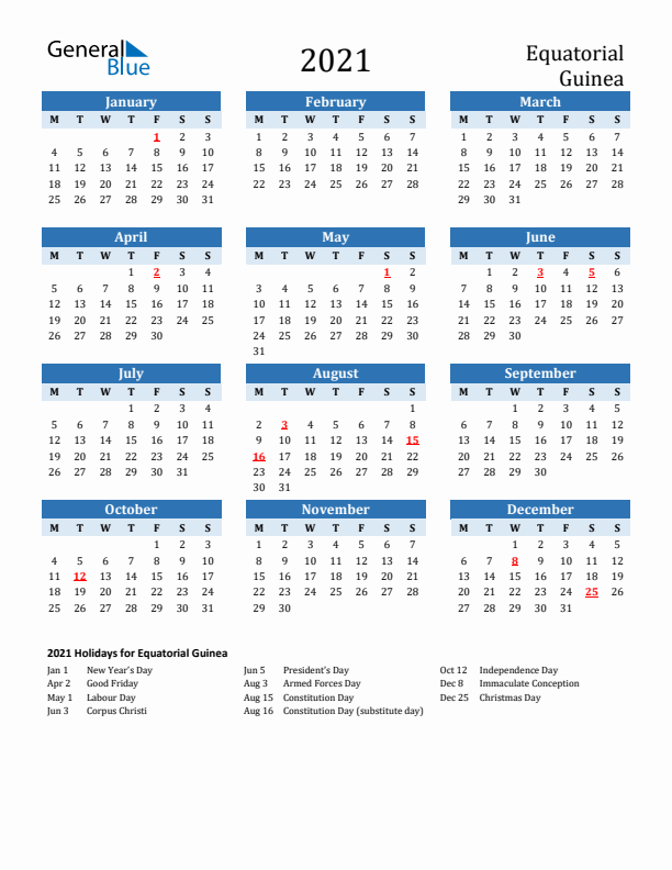 Printable Calendar 2021 with Equatorial Guinea Holidays (Monday Start)