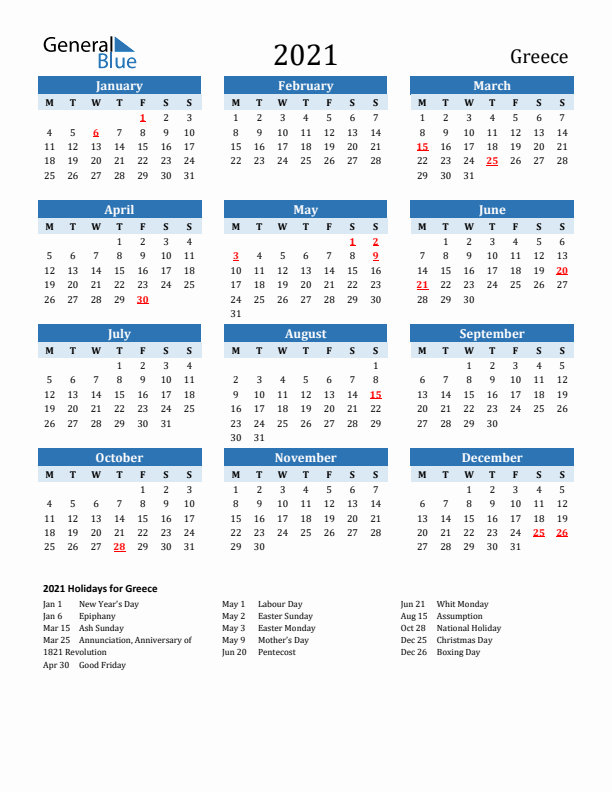 Printable Calendar 2021 with Greece Holidays (Monday Start)