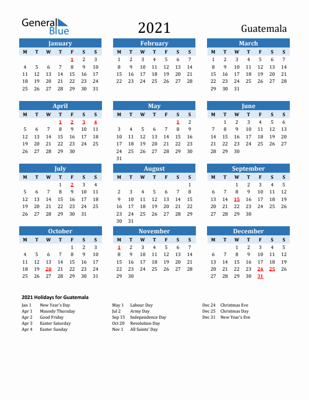 Printable Calendar 2021 with Guatemala Holidays (Monday Start)