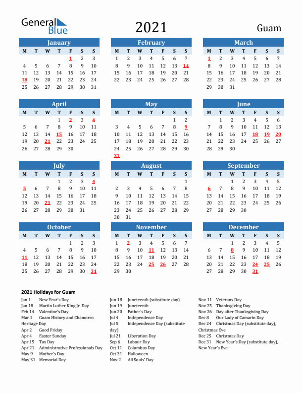 Printable Calendar 2021 with Guam Holidays (Monday Start)